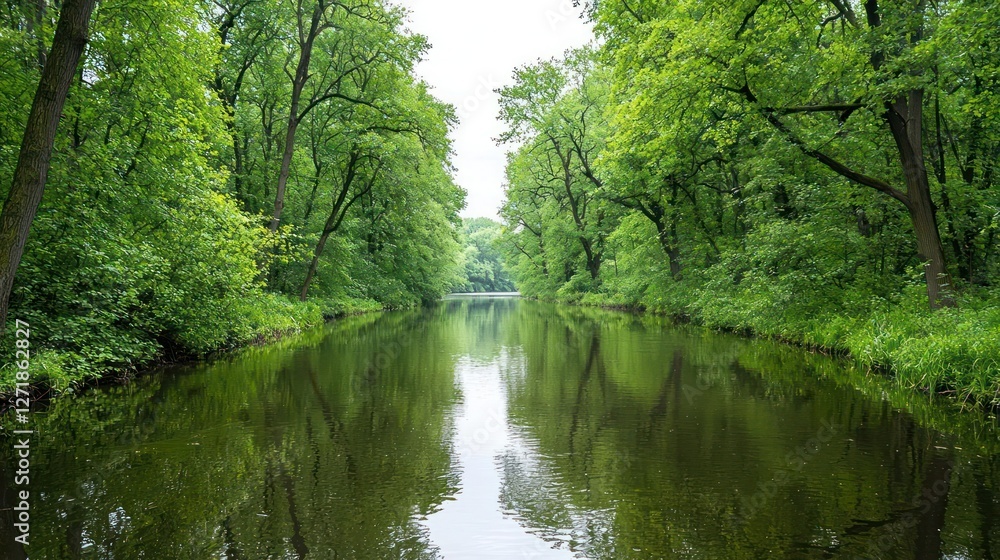 Serene Canal with Lush Green Trees and Reflections Serene Canal with Lush Green Trees and Reflections