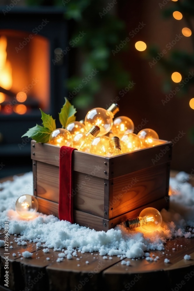 Illuminated Festive Wooden Crate with Glowing Bulbs Nestled in Artificial Snow Near a Cozy Fireplace Illuminated Festive Wooden Crate with Glowing Bulbs Nestled in Artificial Snow Near a Cozy Fireplace