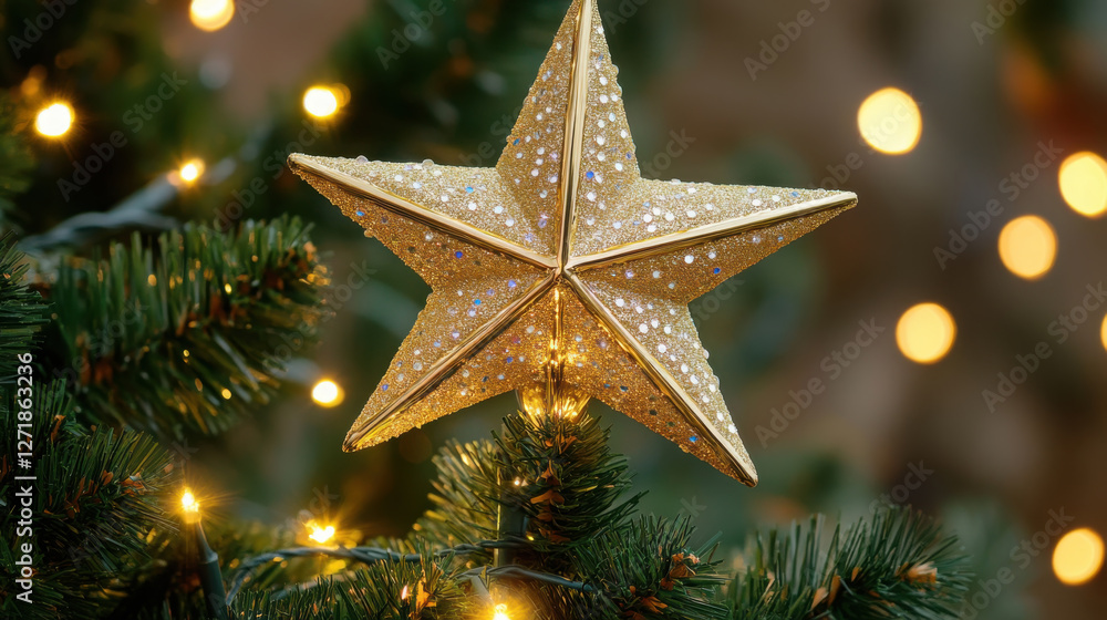 Sparkling gold star ornament on christmas tree with glowing lights Sparkling gold star ornament on christmas tree with glowing lights