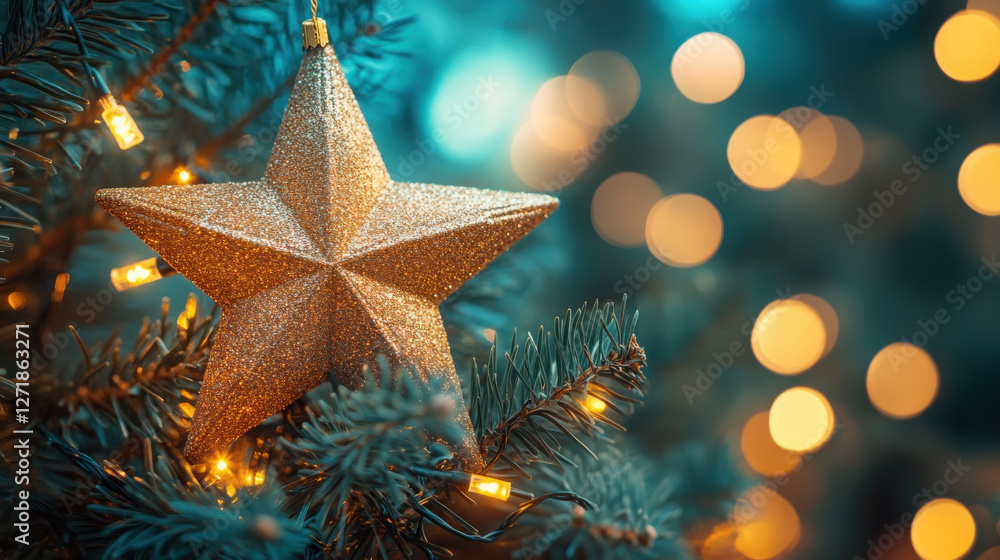 Glittering gold star ornament on christmas tree with festive lights and bokeh Glittering gold star ornament on christmas tree with festive lights and bokeh