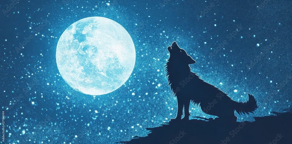 Wolf howls at the moon under a starry sky Wolf howls at the moon under a starry sky