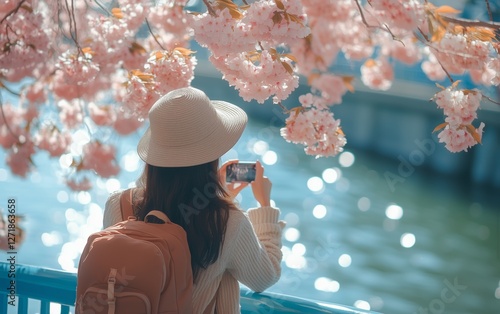 Woman capturing cherry blossoms near water on a sunny day in springtime