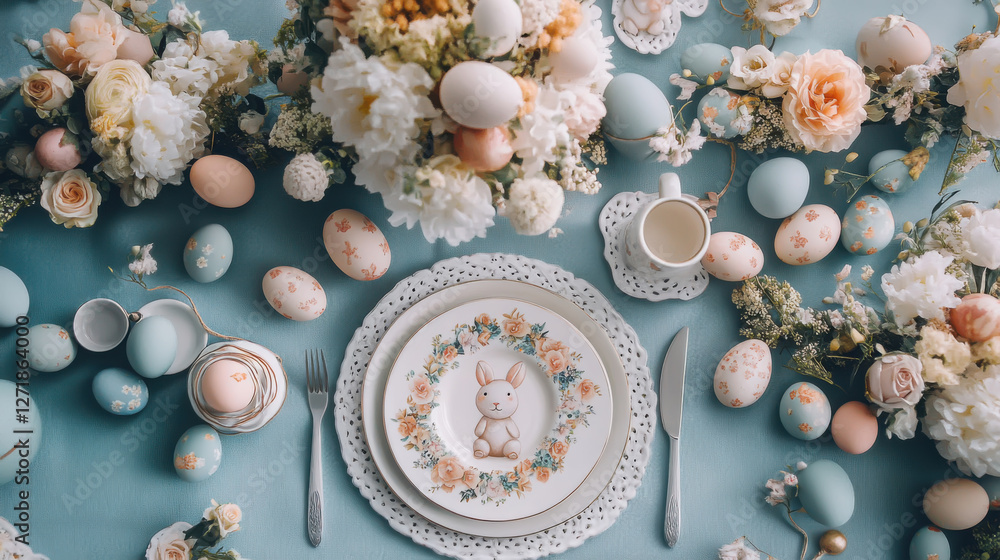 Elegant easter table setting with floral decor and painted eggs Elegant easter table setting with floral decor and painted eggs
