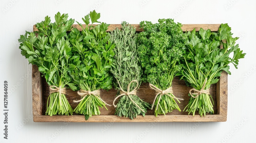 A wooden tray displays an assortment of fresh herbs, including parsley and thyme, tied together, showcasing vibrant green colors and a rustic presentation. A wooden tray displays an assortment of fresh herbs, including parsley and thyme, tied together, showcasing vibrant green colors and a rustic presentation.