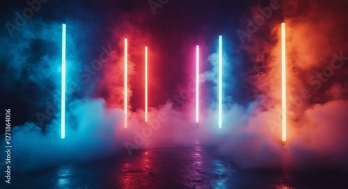 Colorful neon lights create atmosphere in a misty setting during a nighttime ...