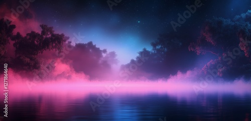 Colorful mist envelops a serene lake surrounded by trees at twilight