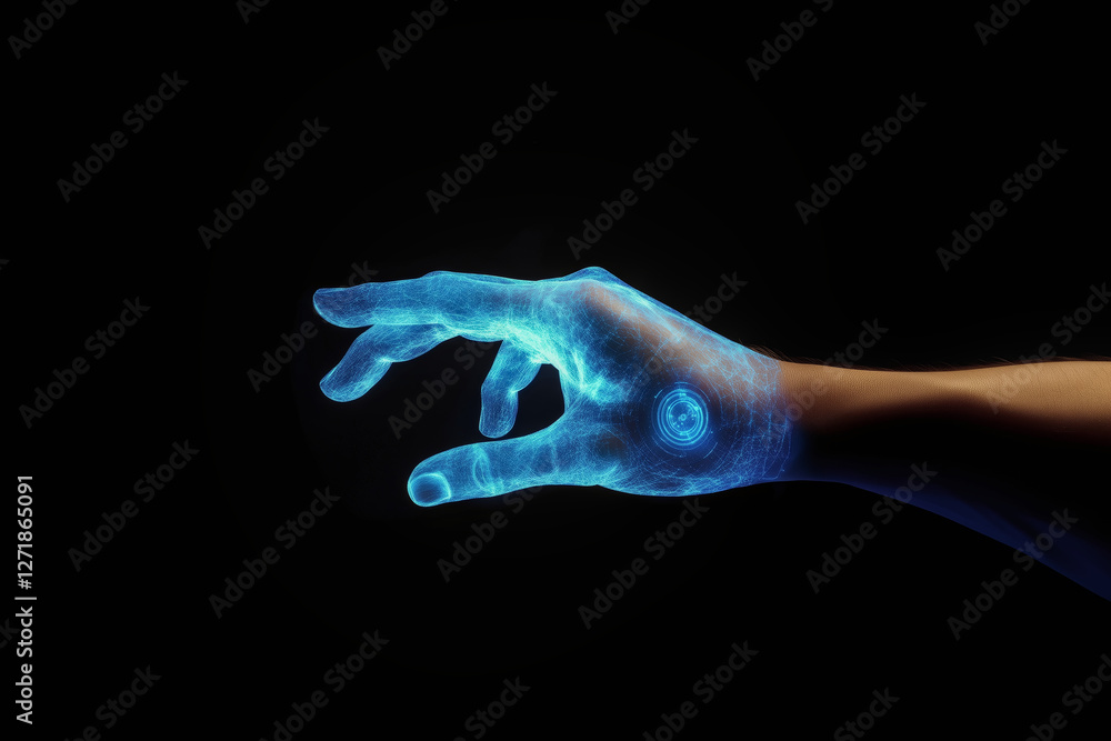 Fototapeta premium Hand of Technology: A person's hand is illuminated with blue light on black background, symbolizing digital interaction and technological innovation.