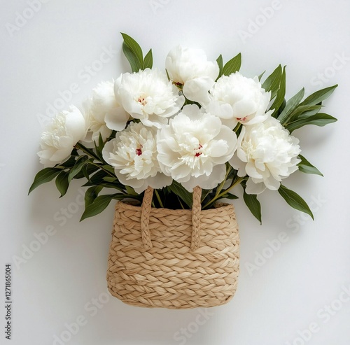 White peonies in a woven basket displayed on a light background