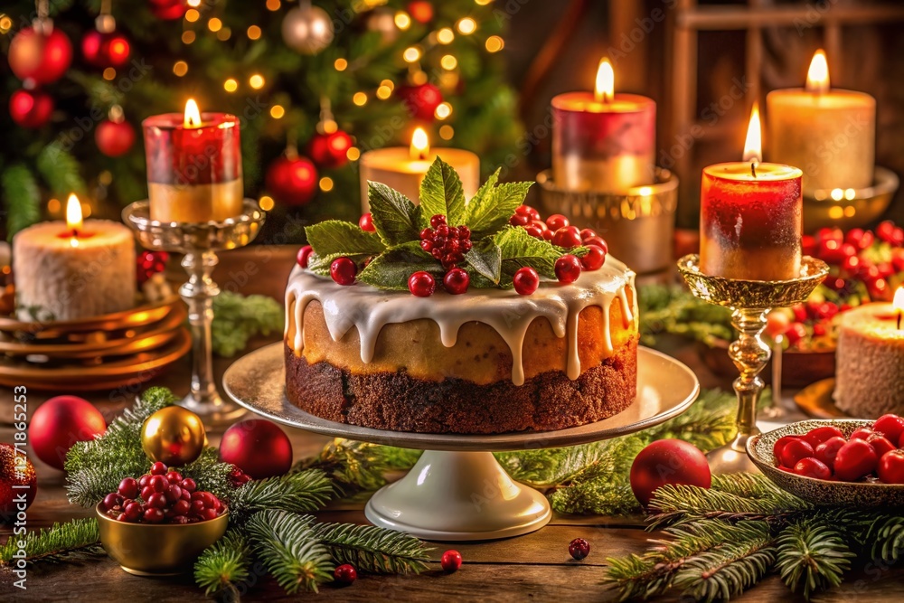 Festive Christmas Table Setting with Decorated Cake, Gourmet Food & Appetizers Festive Christmas Table Setting with Decorated Cake, Gourmet Food & Appetizers