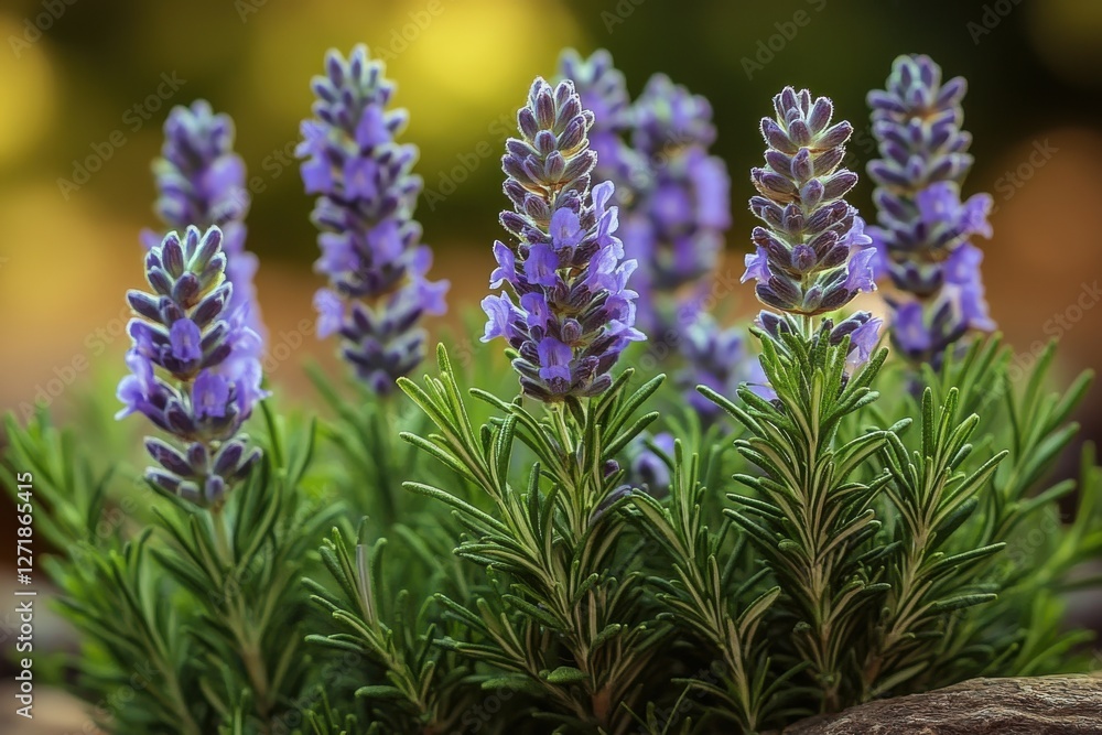 Vibrant lavender flowers blooming in a garden during late spring, surrounded by greenery and natural sunlight enhancing their color Vibrant lavender flowers blooming in a garden during late spring, surrounded by greenery and natural sunlight enhancing their color
