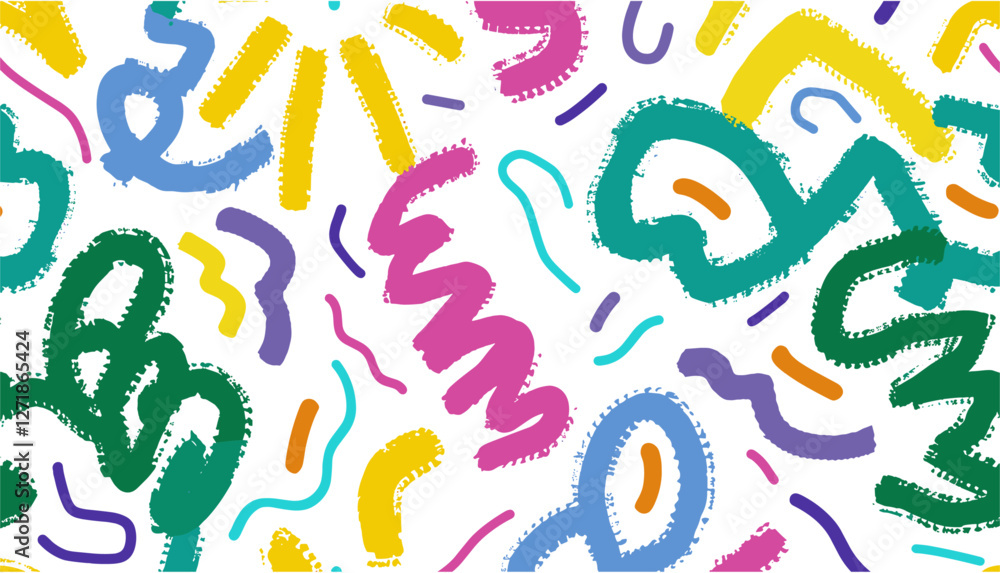 Creative squiggle color lines, abstract doodle seamless pattern, trendy colorful background, vector illustration, stylish print, geometric flow, lively artistic design, dynamic texture, modern decor