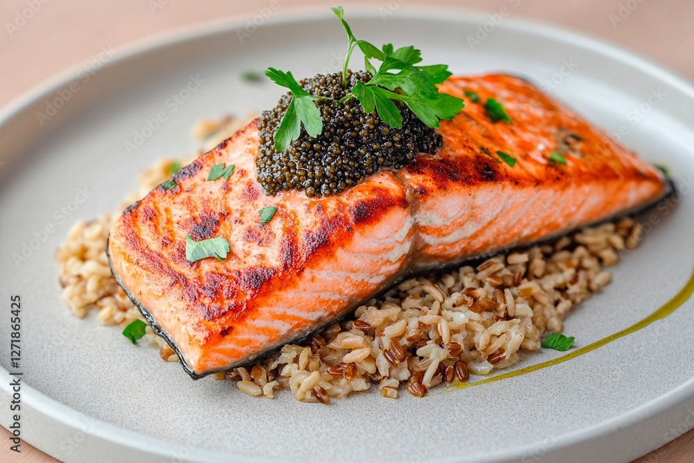 Gourmet salmon fillet served with caviar and grains for an elegant dining experience Gourmet salmon fillet served with caviar and grains for an elegant dining experience