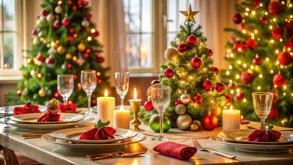 Festive holiday table setting with a Christmas tree centerpiece and decorated place settings, snowflake ornaments, holiday meal Festive holiday table setting with a Christmas tree centerpiece and decorated place settings, snowflake ornaments, holiday meal