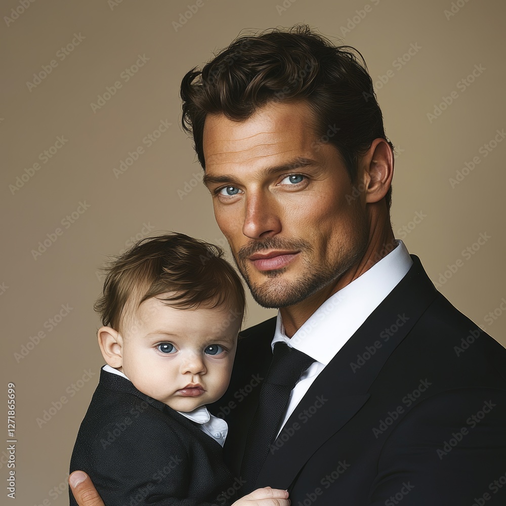 Strong and Handsome Man Posing with Baby, Highlighting Bond and Affection in a Natural Setting, Exuding Confidence and Style Strong and Handsome Man Posing with Baby, Highlighting Bond and Affection in a Natural Setting, Exuding Confidence and Style