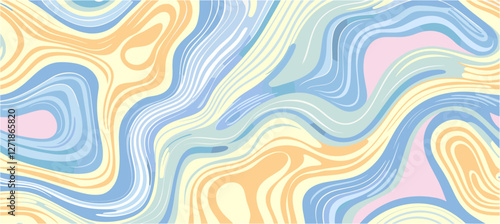 Retro 60s 70s abstract vector, colorful waves horizontal design, pastel color scheme, vintage art style, trendy graphic background, waves in pastel colors, stylish vector background
