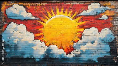 Vibrant mural of a sun emerging from clouds on a brick wall during daylight hours