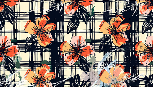 Abstract hibiscus flowers, tartan plaid seamless pattern, brushed grunge vector, fabric design, beach towel, pillow, tablecloth, shirt, wrapping, tropical floral print.