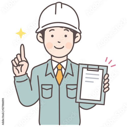 人物_線画03_資料を見せながら解説する建設作業員男性_ol