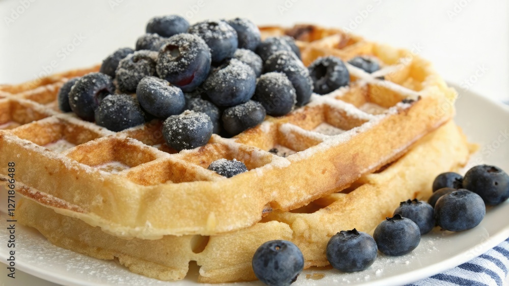 Fluffy Belgian waffle with a generous helping of fresh blueberries on top, morning meal, brunch, breakfast food, blueberries, baked goods