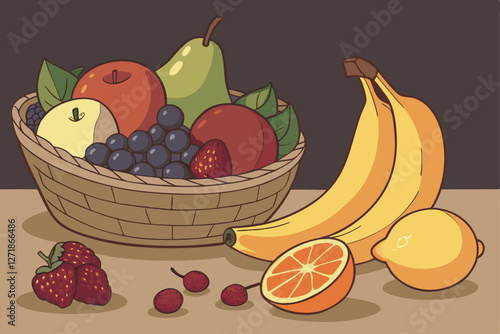  Vibrant fresh fruit still life, colorful assortment, apples, pears, bananas, oranges, grapes, berries, lemons, photorealistic, high detail, soft lighting, rich colors, glossy surfaces, wooden table