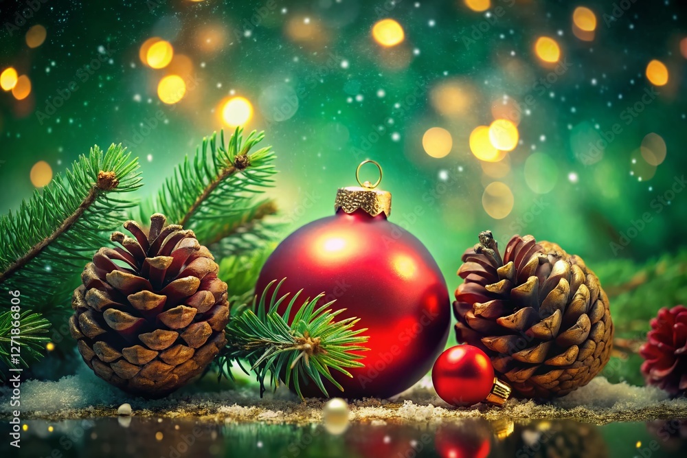 Festive Green Background with Red & Gold Ornaments, Pine Cones - Christmas Copy Space Festive Green Background with Red & Gold Ornaments, Pine Cones - Christmas Copy Space