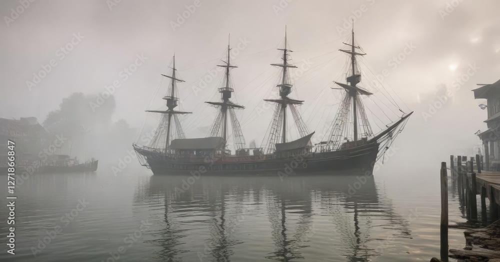 Foggy day with old wooden ship anchored in Malacca Harbour, historic landmark, foggy, boat