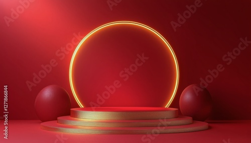 Platform with circular light in a red environment designed for presentations ...