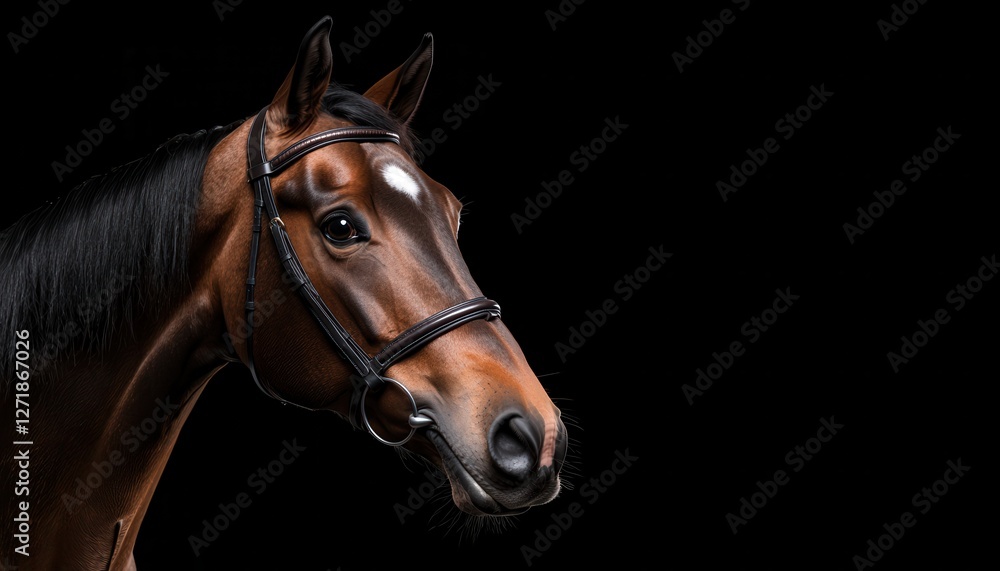 Obraz premium Close-up of a majestic horse's head against a dark background, showcasing its beauty.