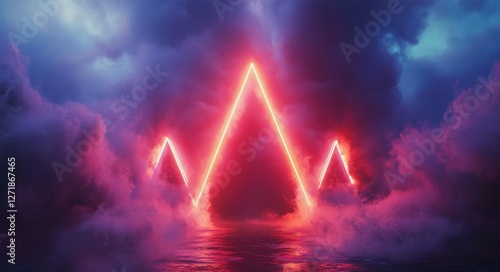 Vibrant neon lights create geometric patterns in a surreal cloudy landscape a...