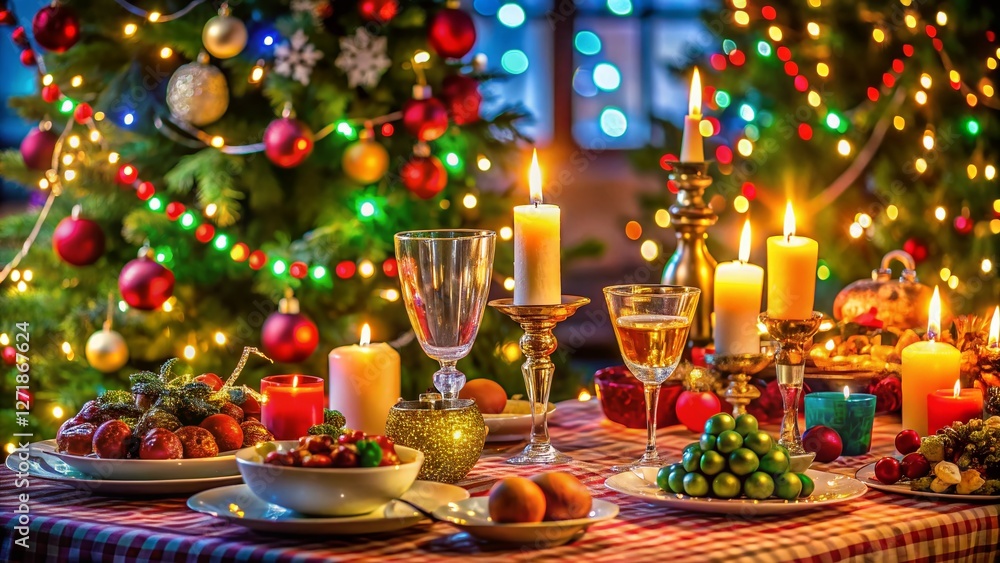 Festive New Year's Eve Table Setting with Candles and Decorations Festive New Year's Eve Table Setting with Candles and Decorations
