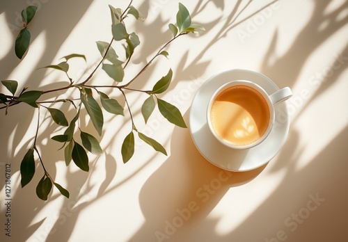 Warm cup of coffee with sunlight casting shadows on leaves