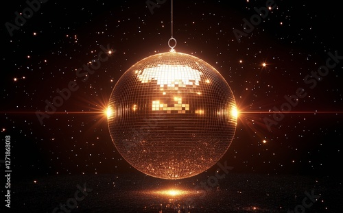 Sparkling disco ball reflecting lights in dark space with stars