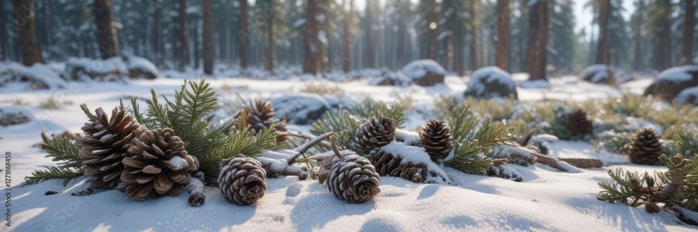 Frosty Morning with Pine Branches and Pinecones in Snowy Forest, winter, frosty, branches Frosty Morning with Pine Branches and Pinecones in Snowy Forest, winter, frosty, branches