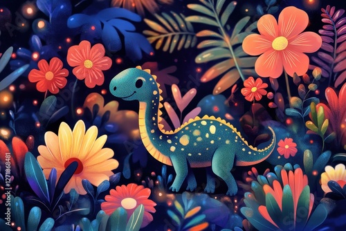 Cute cartoon dinosaur surrounded by colorful plants and flowers