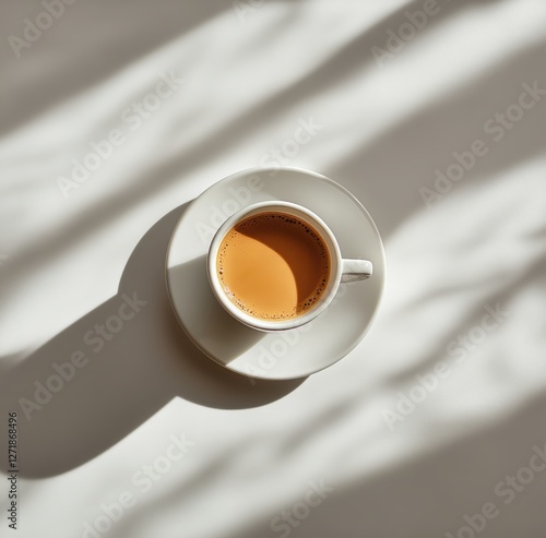 Warm cup of coffee on a bright surface with gentle shadows in the morning light