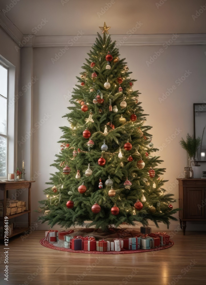 Full and lush spruce Christmas tree with ornaments and garlands, festive ornaments, lush branches Full and lush spruce Christmas tree with ornaments and garlands, festive ornaments, lush branches