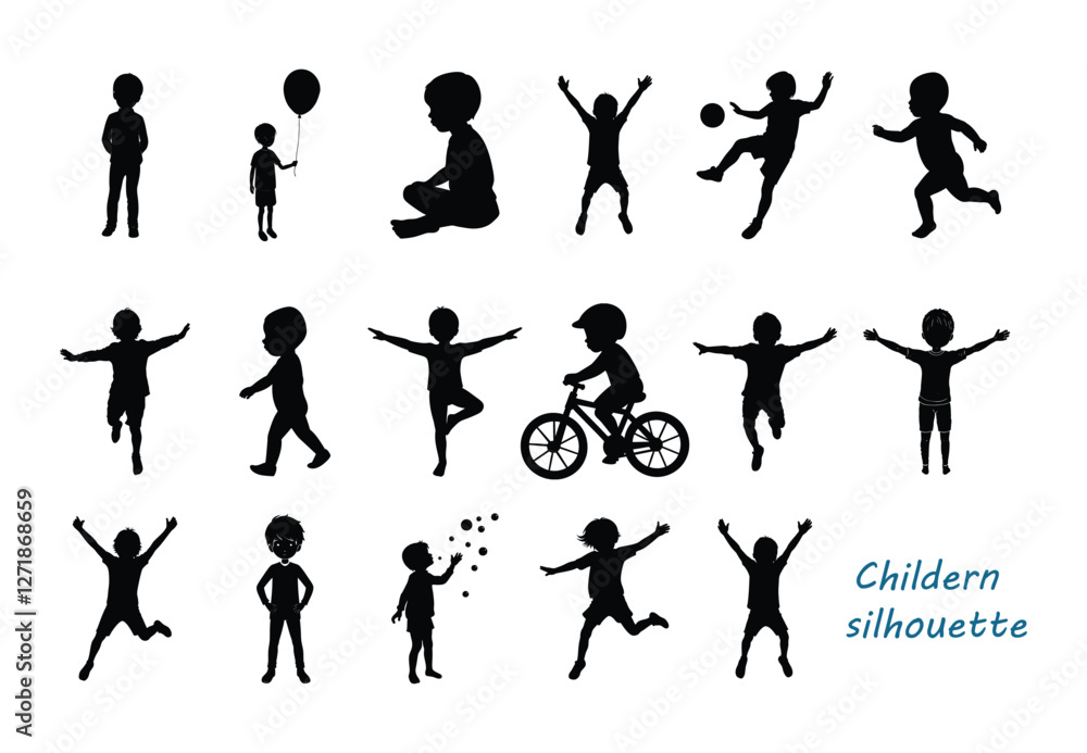 Kids doing various outdoor activities hobbies and sports outdoors vector silhouette set collection on white background Kids doing various outdoor activities hobbies and sports outdoors vector silhouette set collection on white background