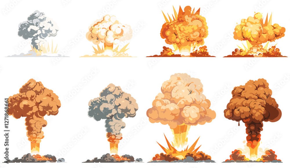Nuclear weapon explosion, atomic bomb explosion, vector illustration, massive blast, fiery explosion, war destruction, transparent PNG background, dangerous explosion, radiation effect, Nuclear weapon explosion, atomic bomb explosion, vector illustration, massive blast, fiery explosion, war destruction, transparent PNG background, dangerous explosion, radiation effect,