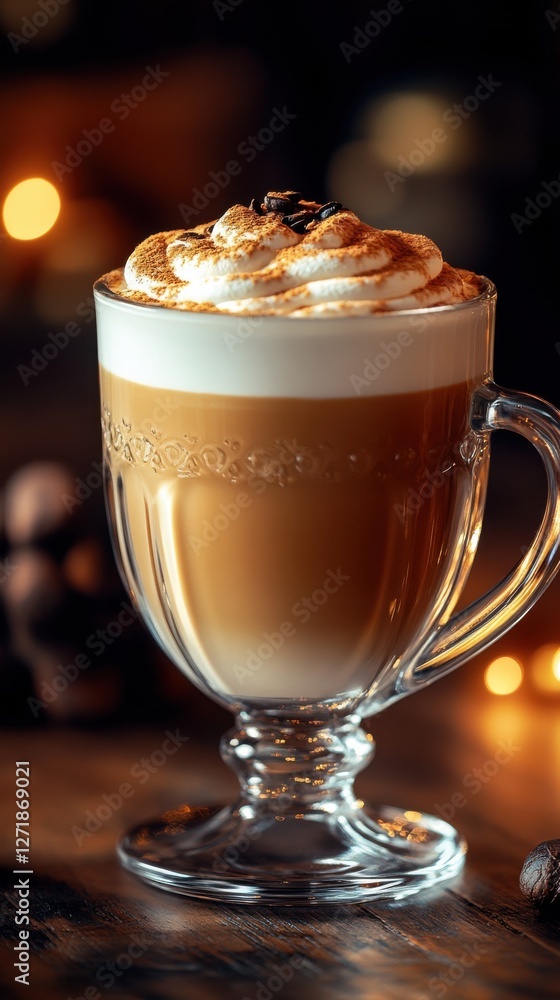 Warm cup of creamy coffee topped with caramel and coffee beans served in a cozy cafe setting during evening hours Warm cup of creamy coffee topped with caramel and coffee beans served in a cozy cafe setting during evening hours