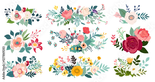 Romantic floral bouquets, roses and leaves, beautiful flower compositions, nature flowers, floral arrangements, rose blossoms, vintage flower collection, elegant botanical design