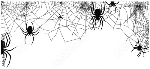 Halloween spiderweb vector, black cobweb illustration, isolated wall sticker with spiders, spooky decor, creepy nets, white background, Halloween theme, spooky atmosphere, horror graphics