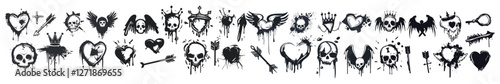 Graffiti street art, black paint spray, angel wings, heart, skull, arrow, tic tac toe, ink drips, hand drawn urban elements, splatter, painted stickers on white background.