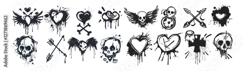 Black paint spray graffiti, angel wings, heart, arrow, skull, tic tac toe, ink drips, splatter, hand drawn street art, urban elements, painted stickers, isolated on white background, artwork.