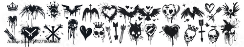 Black paint splatter, graffiti art, angel wings, arrow, heart, skull, hand drawn urban elements, tic tac toe, street art stickers, ink drips, painted urban designs on white background.