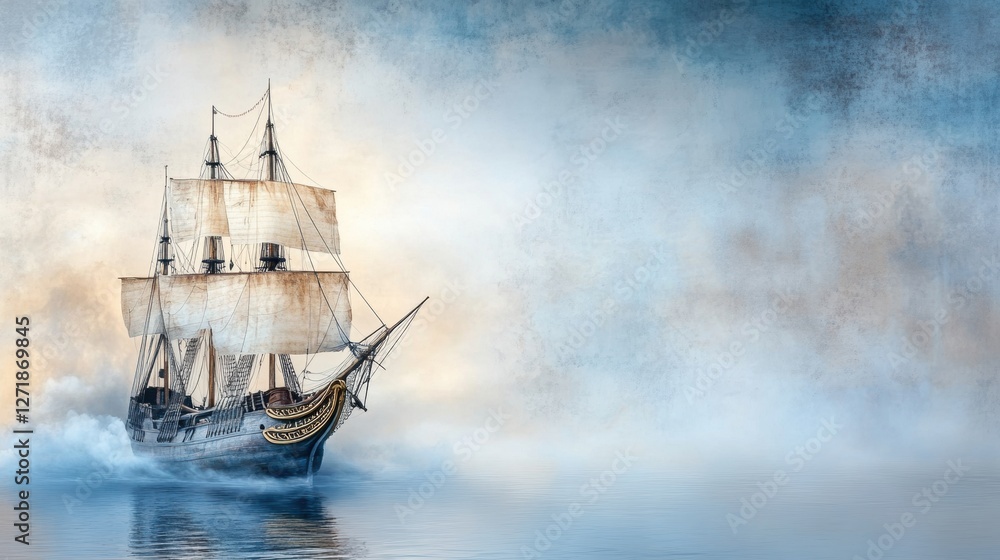 Fototapeta premium Majestic Sailing Ship Navigating Through Misty Waters in a Dreamy Landscape