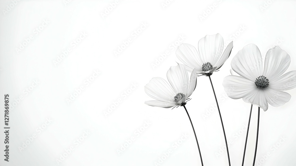 Three White Cosmos Flowers on White Background Three White Cosmos Flowers on White Background