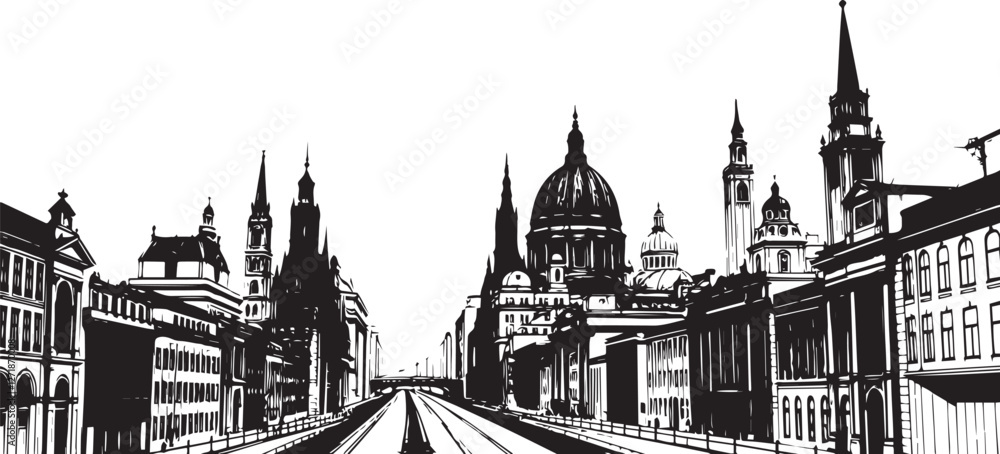 Fototapeta premium City landscape. Different buildings on street, outline cityscape hand sketch, flat houses. Hand drawn vector illustration