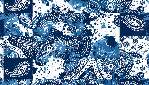 Blue bandana vector illustration, paisley fabric patchwork, abstract seamless pattern, grunge effect, separate layer, kerchief design