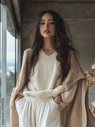 Woman in cozy sweater and shawl poses indoors with natural light during day