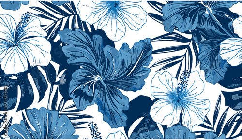 Blue hibiscus flowers, tropical leaves, Hawaiian style, grunge vector floral seamless pattern, wallpaper, vector art